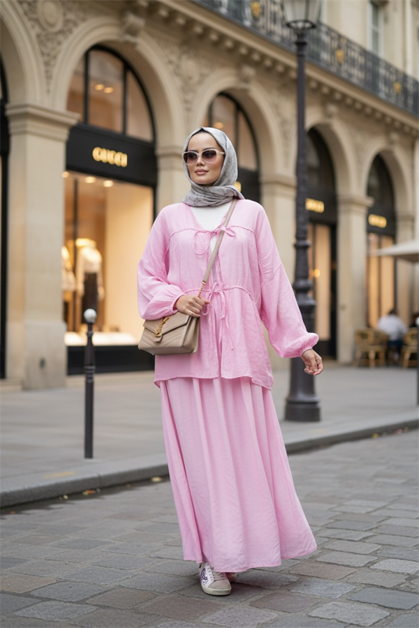 Pamuk Vual Kimono Etekli Takım | Astarlı | 36-44 Beden Pembe