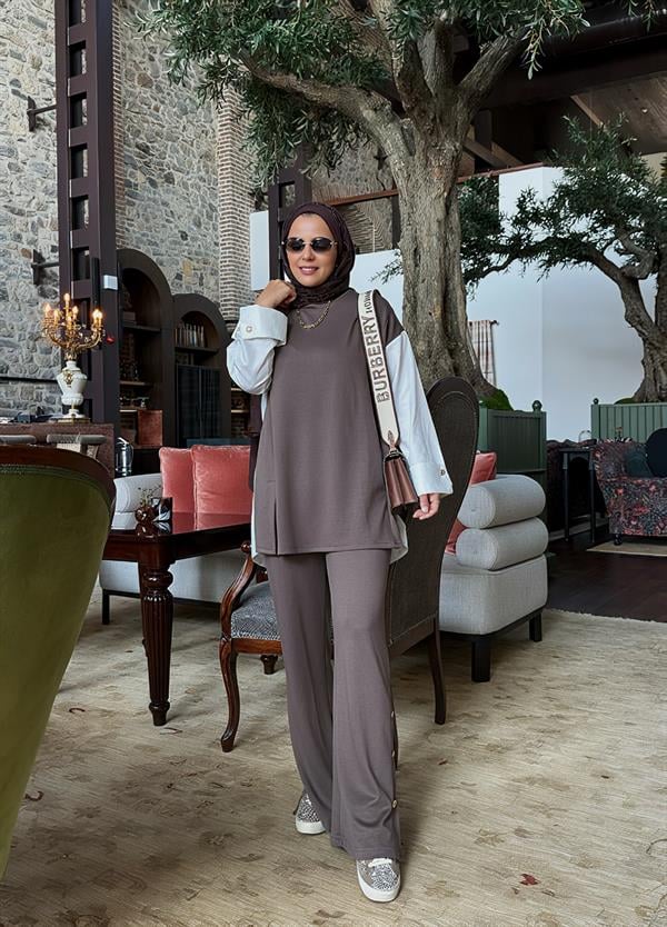 Melora Modal Kumaş Gömlek Detaylı İkili Takım – Kahve