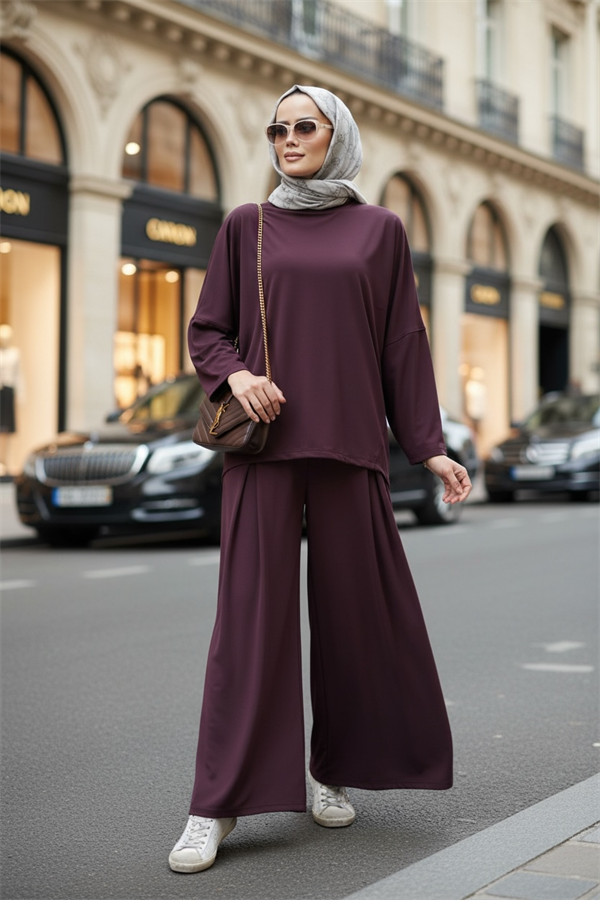Light Touch Kumaş Pileli Geniş Paça İkili Takım – Sezonsuz Tesettür Takım (36-50 Beden)Bordo