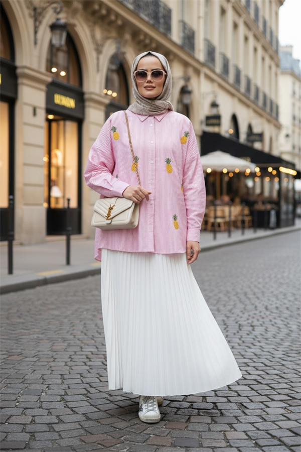 Çizgili Desen Poplin Ananas Nakışlı Gömlek Pembe