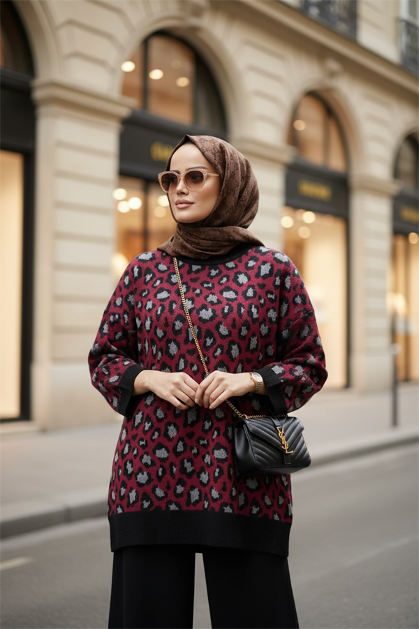 Leopar Desenli Triko Takım Bordo