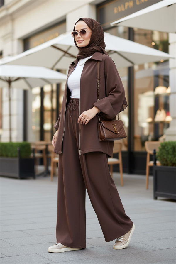Eleganza Palazzo Fermuarlı İkili Takım – Mevsimlik -36-50 Beden Acıkahve