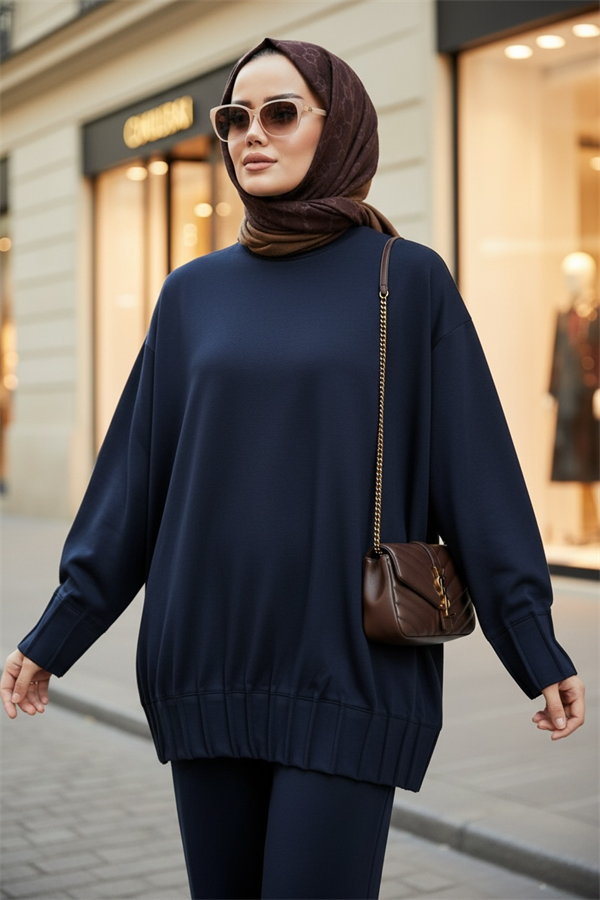 Alisa Pileli Premium Modal Kumaş Tesettür İkili Takım– Lacivert