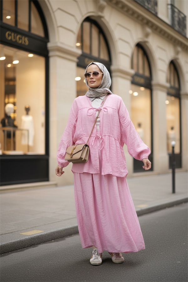 Pamuk Vual Kimono Etekli Takım | Astarlı | 36-44 Beden Pembe