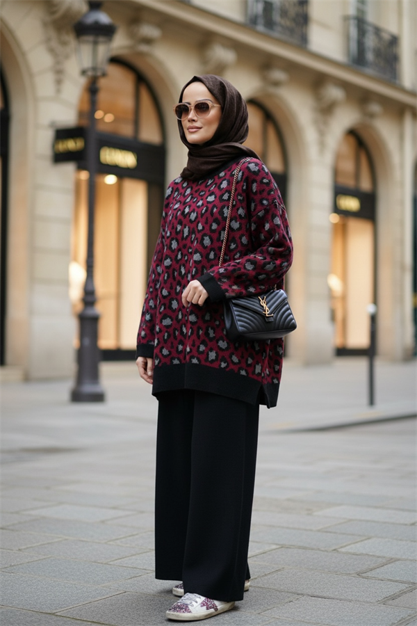 Leopar Desenli Triko Takım Bordo