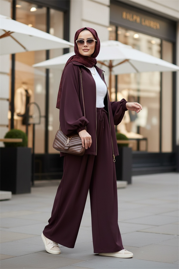 Eleganza Palazzo Fermuarlı İkili Takım – Mevsimlik -36-50 Beden Bordo