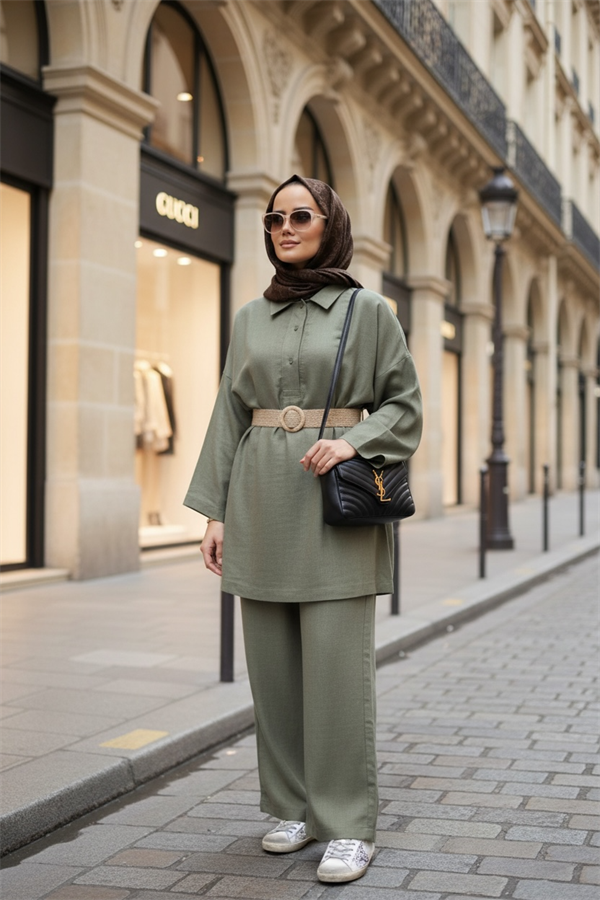 %100 Ham Keten Kimono Kol İkili Takım - Hasır Kemerli Yeşil