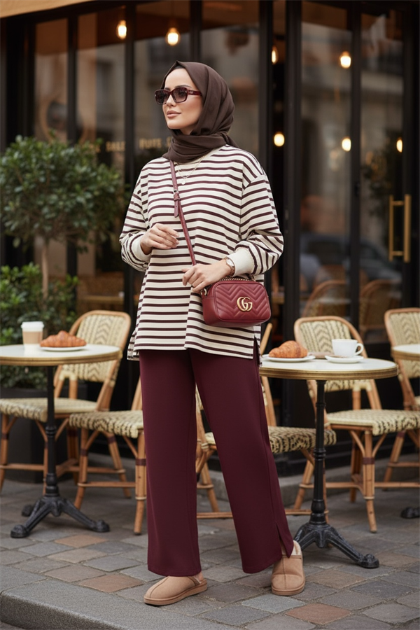 Çizgili Sweat Balon Kol İkili Takım Bordo