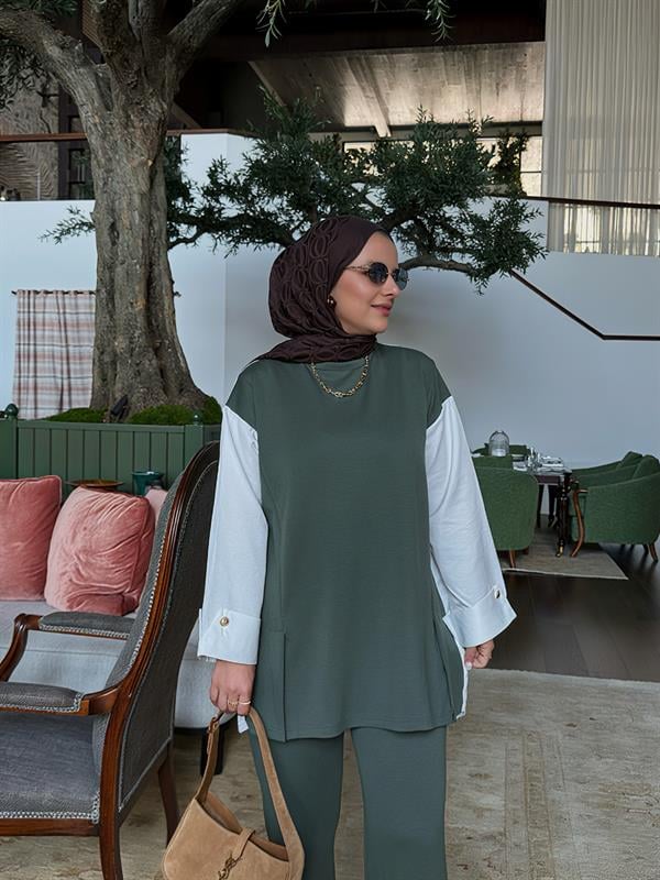 Melora Modal Kumaş Gömlek Detaylı Kadın Tesettür İkili Takım – Yeşil
