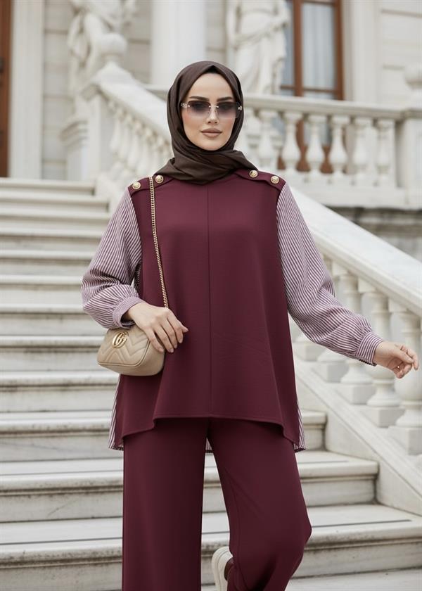 Maribel İkili TesettürTakım – Çizgili Gömlek Detaylı Bordo