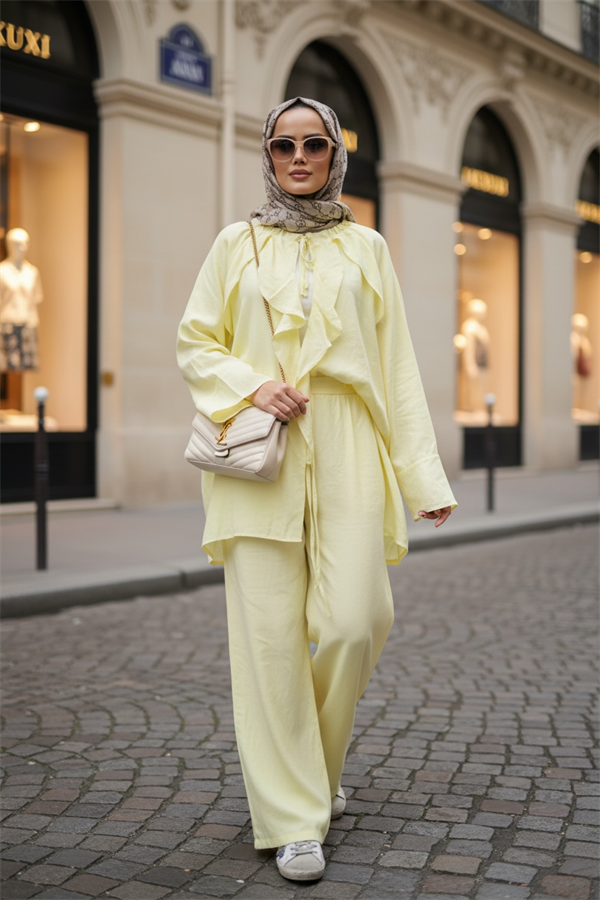 Fırfırlı Pamuklu Kimono Takım – Yazlık Dökümlü İkili Takım Sarı