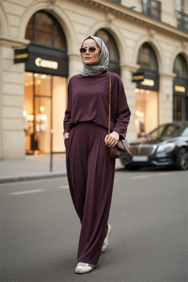 Light Touch Kumaş Pileli Geniş Paça İkili Takım – Sezonsuz Tesettür Takım (36-50 Beden)Bordo