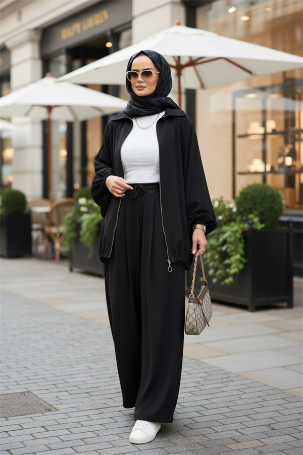 Eleganza Palazzo Fermuarlı İkili Takım – Mevsimlik -36-50 Beden Siyah