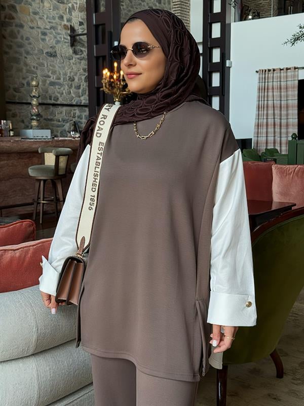 Melora Modal Kumaş Gömlek Detaylı İkili Takım – Kahve