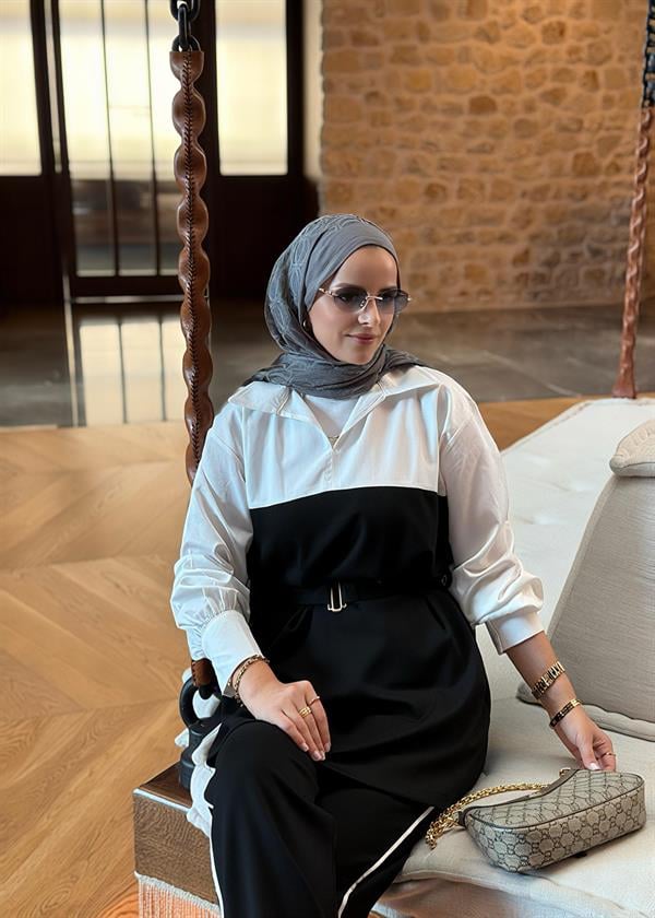 Avelin Kemer Detaylı Modal Kumaş Kadın Tesettür İkili Takım –Siyah