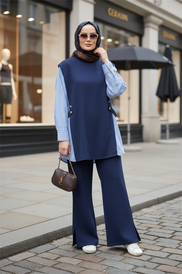 Liora Kadın Tesettür İkili Takım – Pamuklu İki İplik Gömlek Detaylı-Lacivert