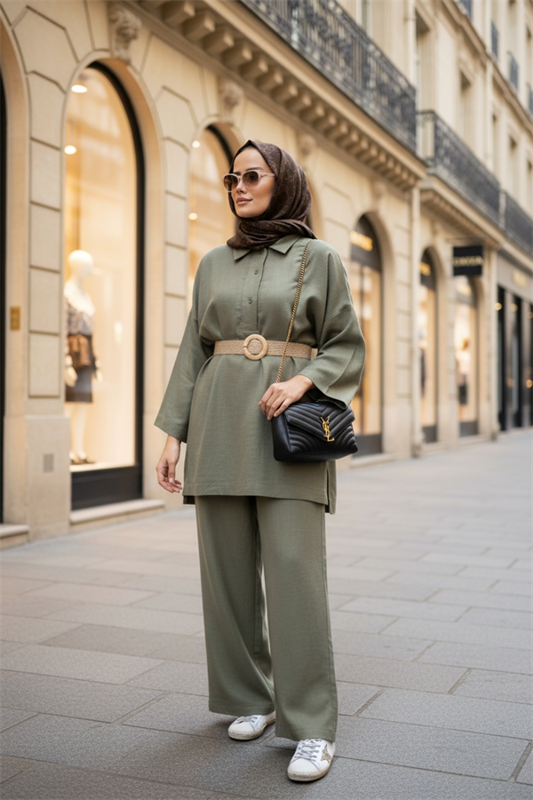 %100 Ham Keten Kimono Kol İkili Takım - Hasır Kemerli Yeşil