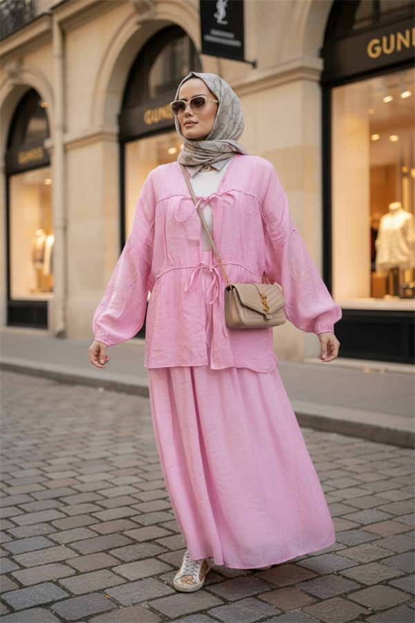 Pamuk Vual Kimono Etekli Takım | Astarlı | 36-44 Beden Pembe