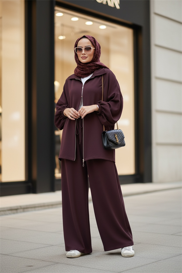 Eleganza Palazzo Fermuarlı İkili Takım – Mevsimlik -36-50 Beden Bordo