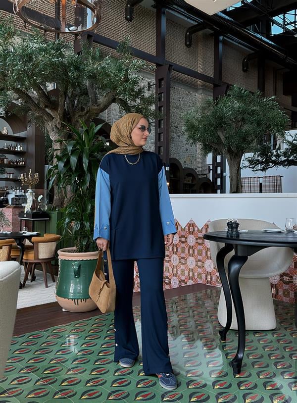 Melora Modal Kumaş Gömlek Detaylı Kadın Tesettür İkili Takım – Lacivert