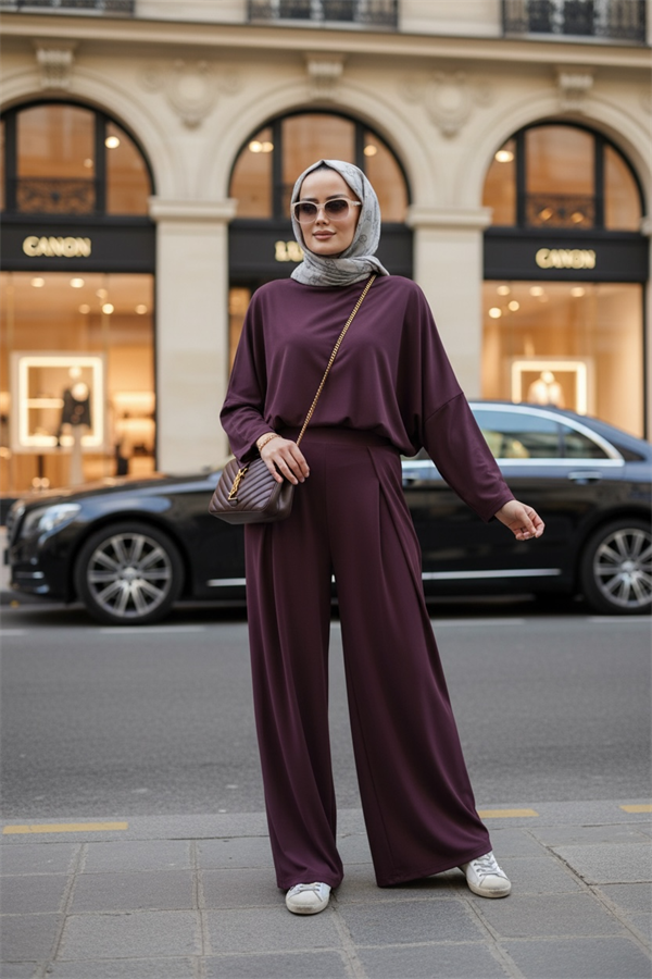 Light Touch Kumaş Pileli Geniş Paça İkili Takım – Sezonsuz Tesettür Takım (36-50 Beden)Bordo