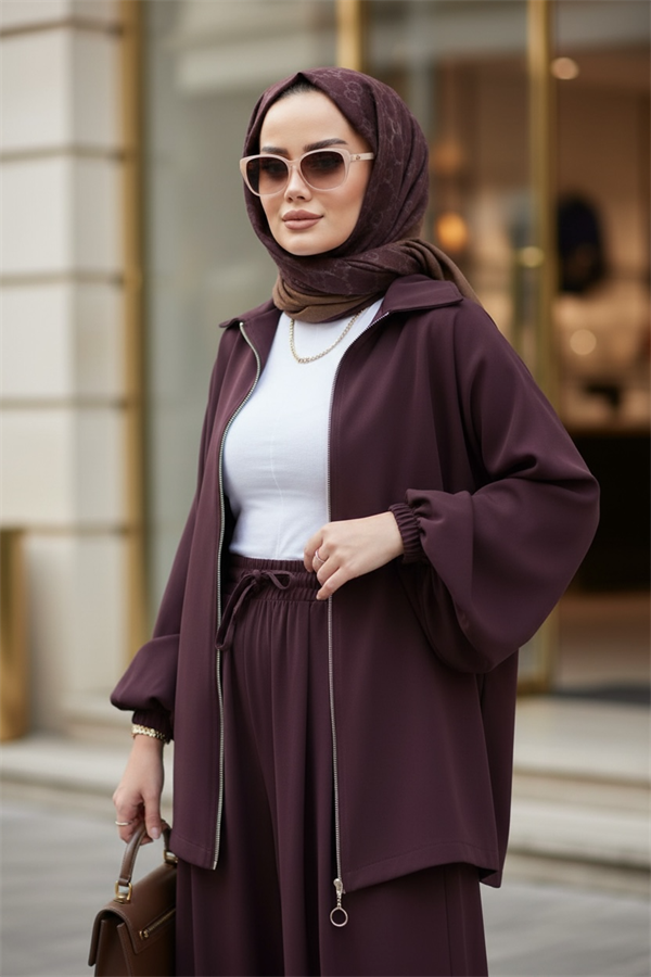 Eleganza Palazzo Fermuarlı İkili Takım – Mevsimlik -36-50 Beden Bordo