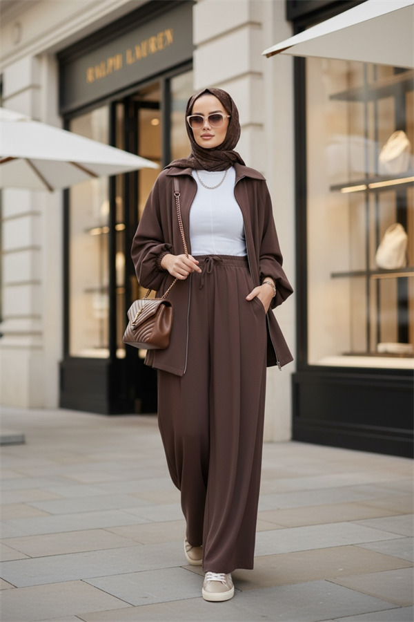Eleganza Palazzo Fermuarlı İkili Takım – Mevsimlik -36-50 Beden Acıkahve