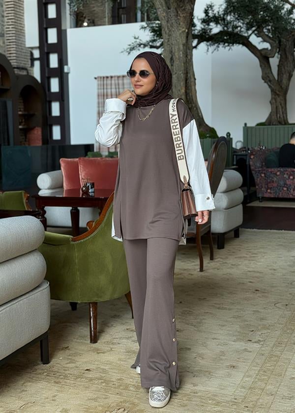 Melora Modal Kumaş Gömlek Detaylı İkili Takım – Kahve