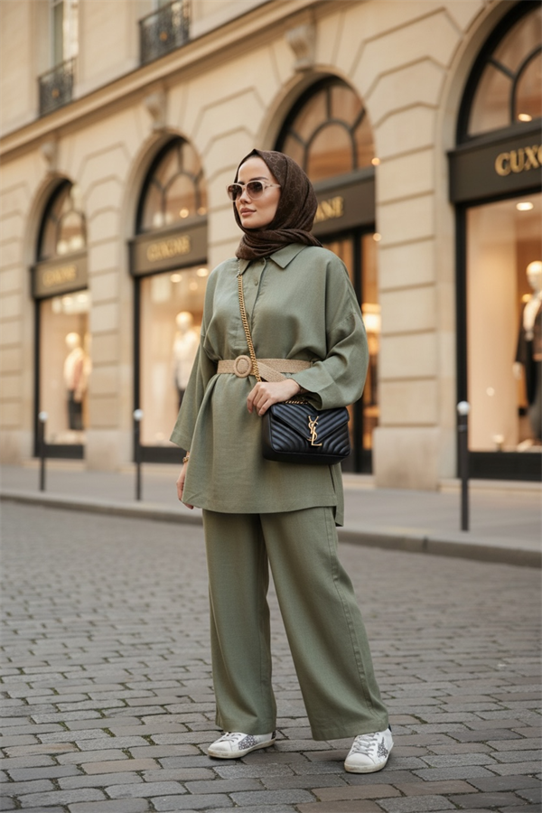 %100 Ham Keten Kimono Kol İkili Takım - Hasır Kemerli Yeşil