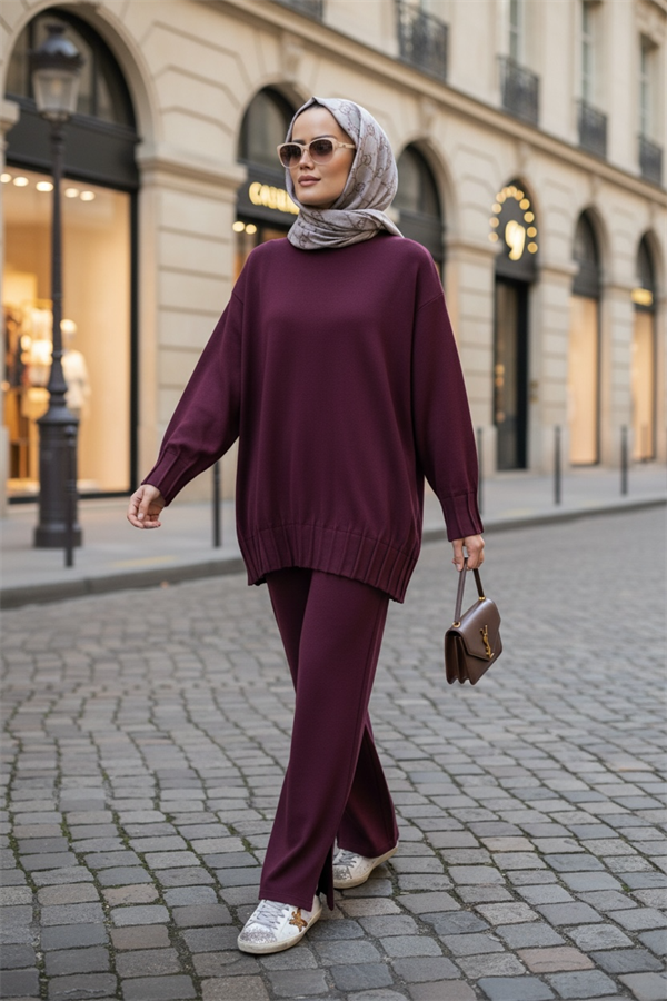 Alisa Pileli Premium Modal Kumaş Tesettür İkili Takım – Bordo
