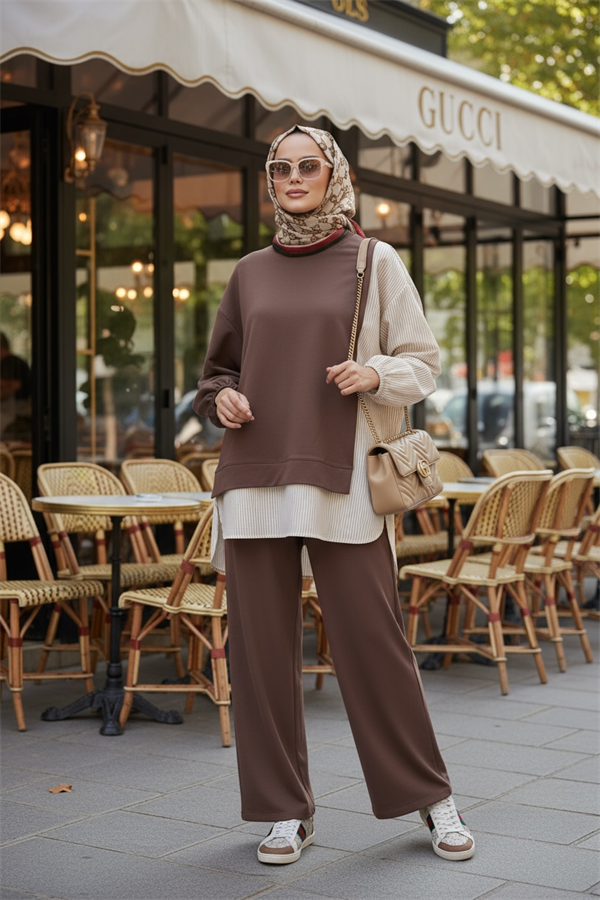 Çizgili Gömlek Detaylı Tunikli İkili Takım | Cepli Bol Paça ve Tunikli Kahve