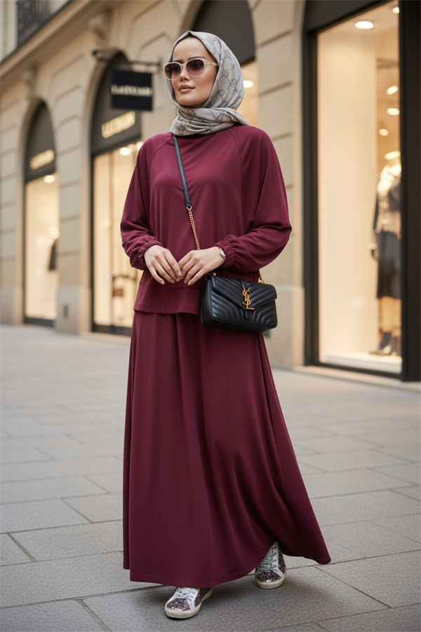 Kadın Tesettür Etekli Takım – Şık ve Rahat Kombin – 36-48 beden Bordo