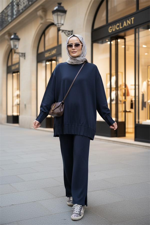 Alisa Pileli Premium Modal Kumaş Tesettür İkili Takım– Lacivert