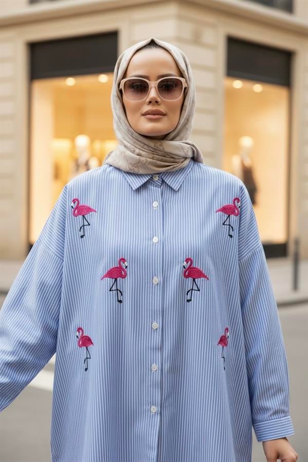 Çizgili Desen Poplin Nakışlı Gömlek Mavi