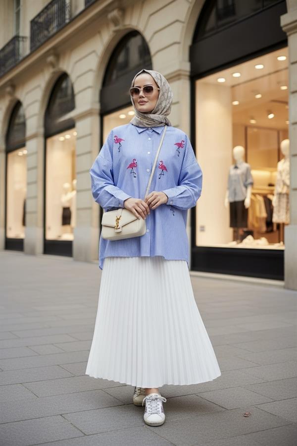 Çizgili Desen Poplin Nakışlı Gömlek Mavi