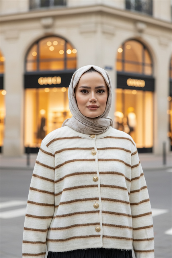 Düğmeli Premium Çizgili Yumoş Triko Hırka Kahve