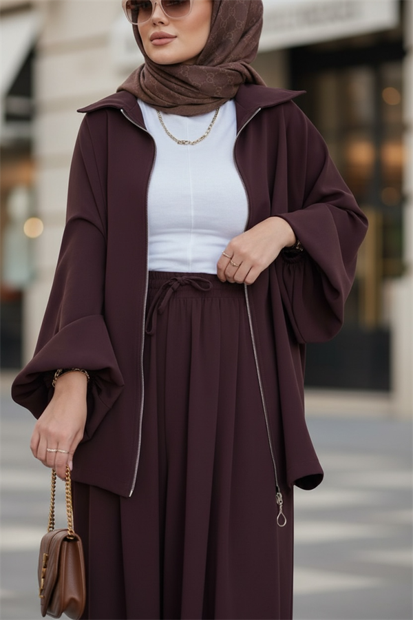 Eleganza Palazzo Fermuarlı İkili Takım – Mevsimlik -36-50 Beden Bordo