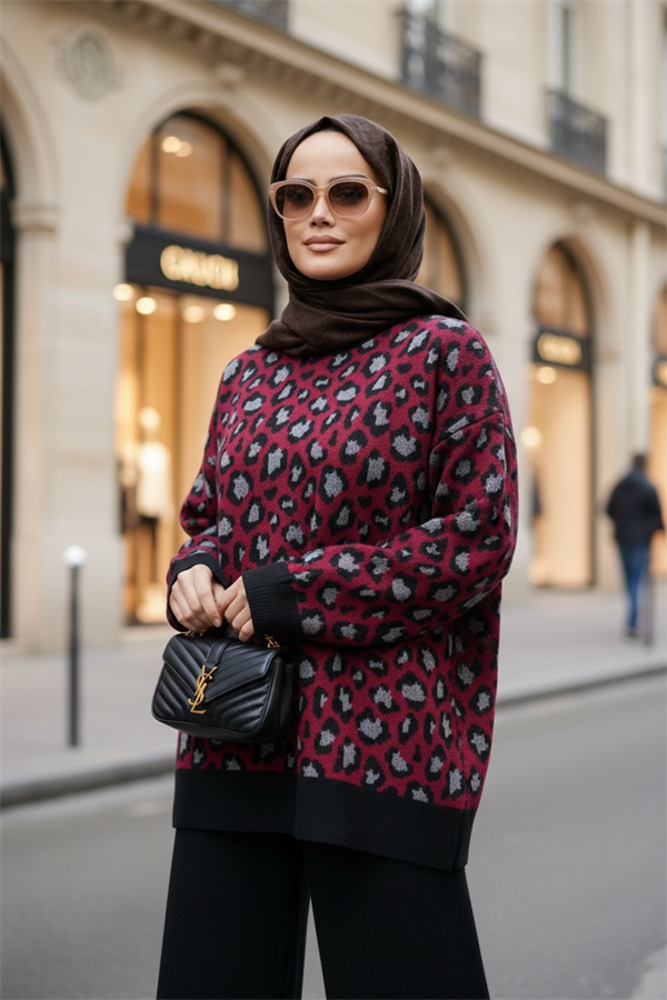 Leopar Desenli Triko Takım Bordo