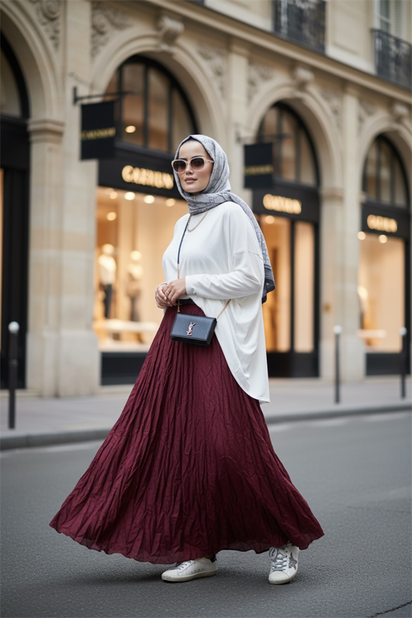 Kırışık Kumaşlı Etekli Bordo