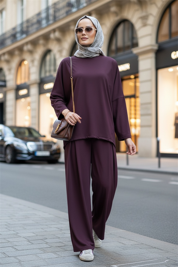 Light Touch Kumaş Pileli Geniş Paça İkili Takım – Sezonsuz Tesettür Takım (36-50 Beden)Bordo