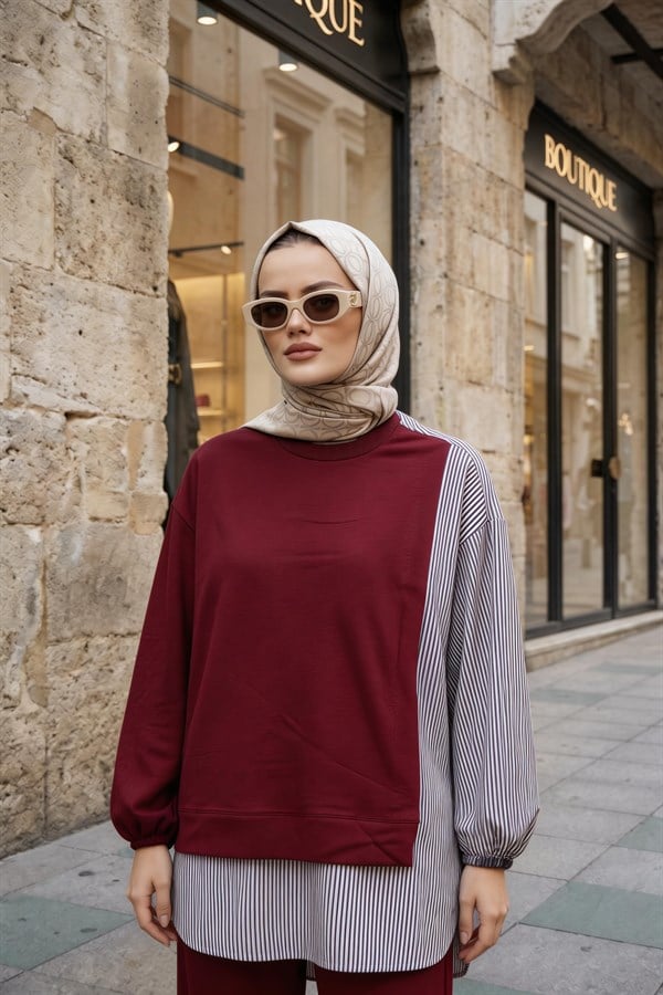 Kadın Tesettür Takım Line İkili Gömlek Takım AçıkBordo