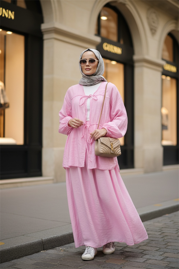 Pamuk Vual Kimono Etekli Takım | Astarlı | 36-44 Beden Pembe