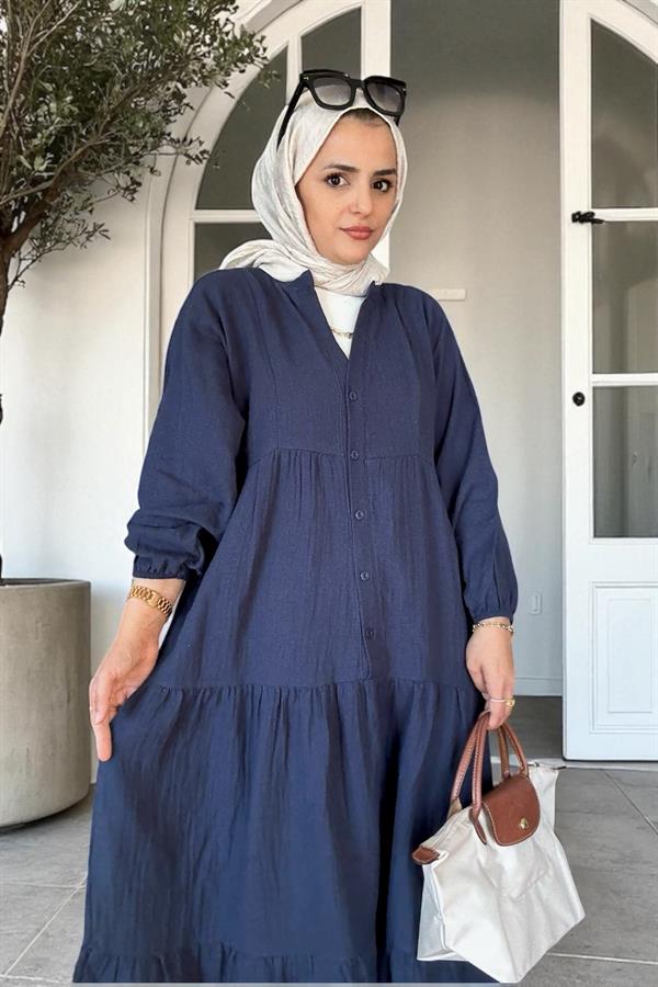 Düğmeli Roba Kesim 4 Katlı Müslin Elbise – %100 Pamuk Yazlık Model (36-52 Beden ) Lacivert