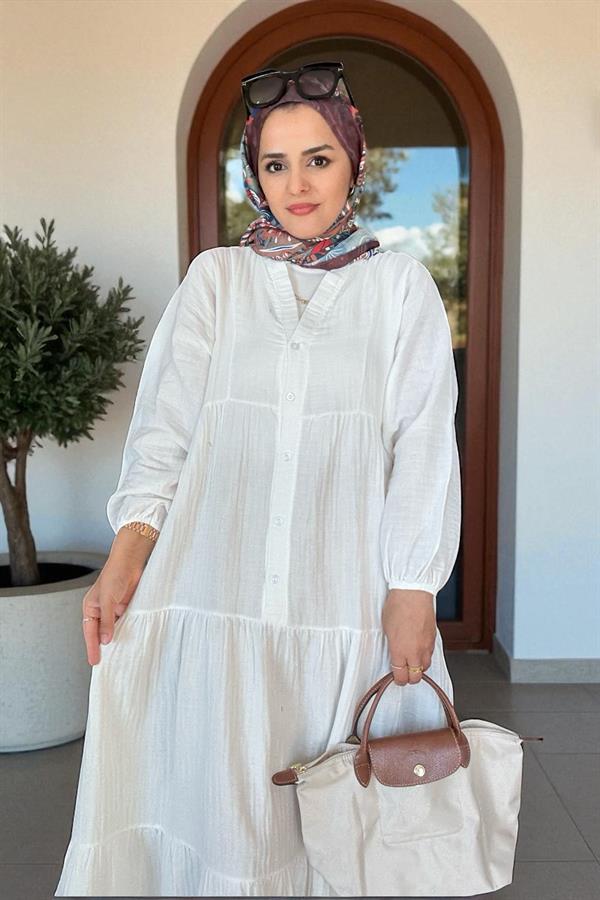 Düğmeli Roba Kesim 4 Katlı Müslin Elbise – %100 Pamuk Yazlık Model (36-52 Beden ) Ekru