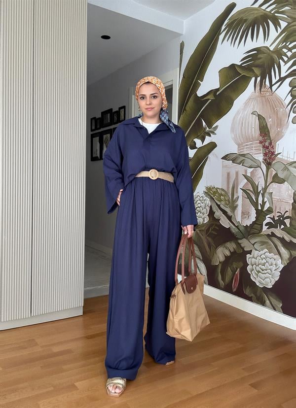 %100 Ham Keten Kimono Kol İkili Takım - Hasır Kemerli Lacivert