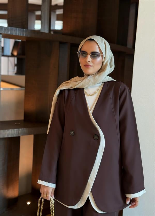Nora Kadın Tesettür Ceketli İkili Takım – İthal Krep Kumaş, Bol Paça Pantolon - Kahve