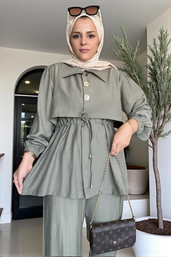 Kadın Tesettür İkili Takım – Çilek Kumaş Yazlık Düğmeli Tunik ve Pantolon Yeşil
