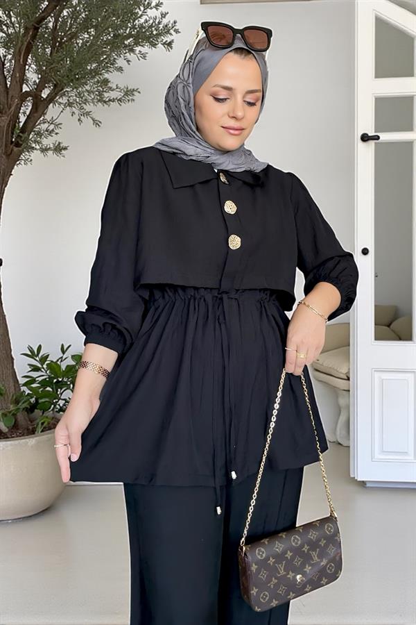 Kadın Tesettür İkili Takım – Çilek Kumaş Yazlık Düğmeli Tunik ve Pantolon Siyah