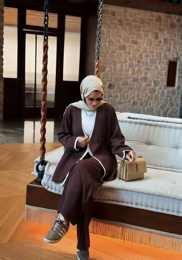 Nora Kadın Tesettür Ceketli İkili Takım – İthal Krep Kumaş, Bol Paça Pantolon - Kahve