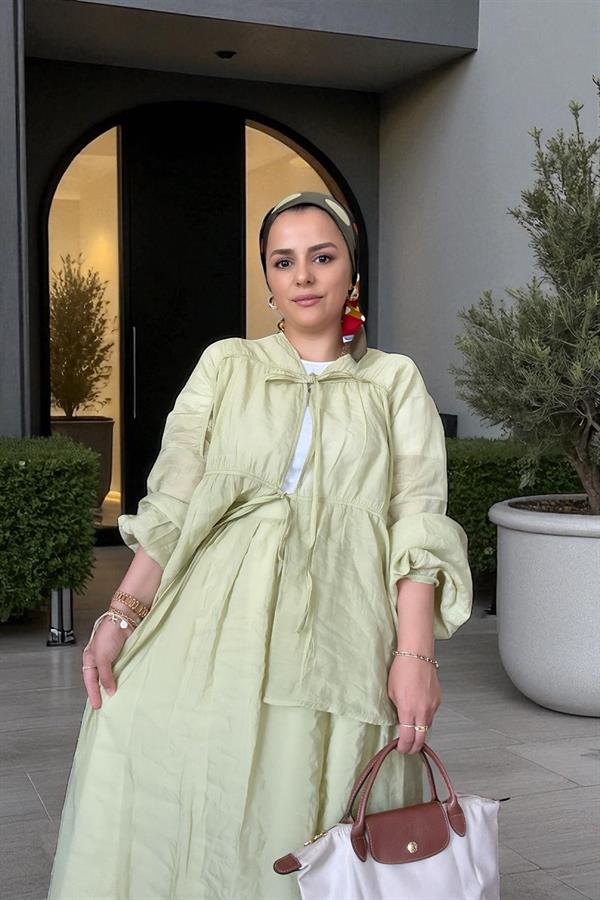 Pamuk Vual Kimono Etekli Takım | Astarlı | 36-44 Beden Yeşil